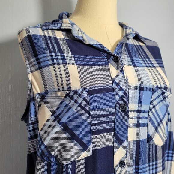 Unbranded Medium Blue White Plaid Collared Sleeveless Button Front Tank Top - Picture 3 of 8